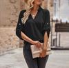 Herbst- und Winter Damen Casual V-Ausschnitt Einfarbig Lockerer Rollsaum Langarm Oberteil