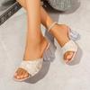 Fashion Clear Square Heels Party Dress Shoes Sexy Gold Lace Embroidery Strap Sandals Women 2025 Summer High Heels Slip On Slippers