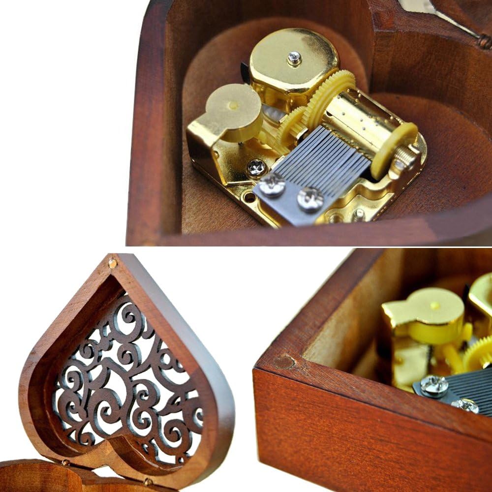 FnLy Antique Engraved Wooden Wind-Up Musical Box,Love Story Musical Box,with Gold-Plating Movement in,Heart-Shaped