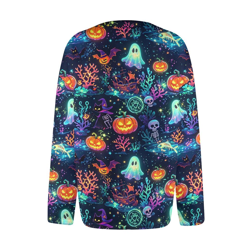 Damen Halloween Print Langarm Strick Cardigan Knopfleiste Pullover Mantel Leichte Oberbekleidung für Herbst und Winter