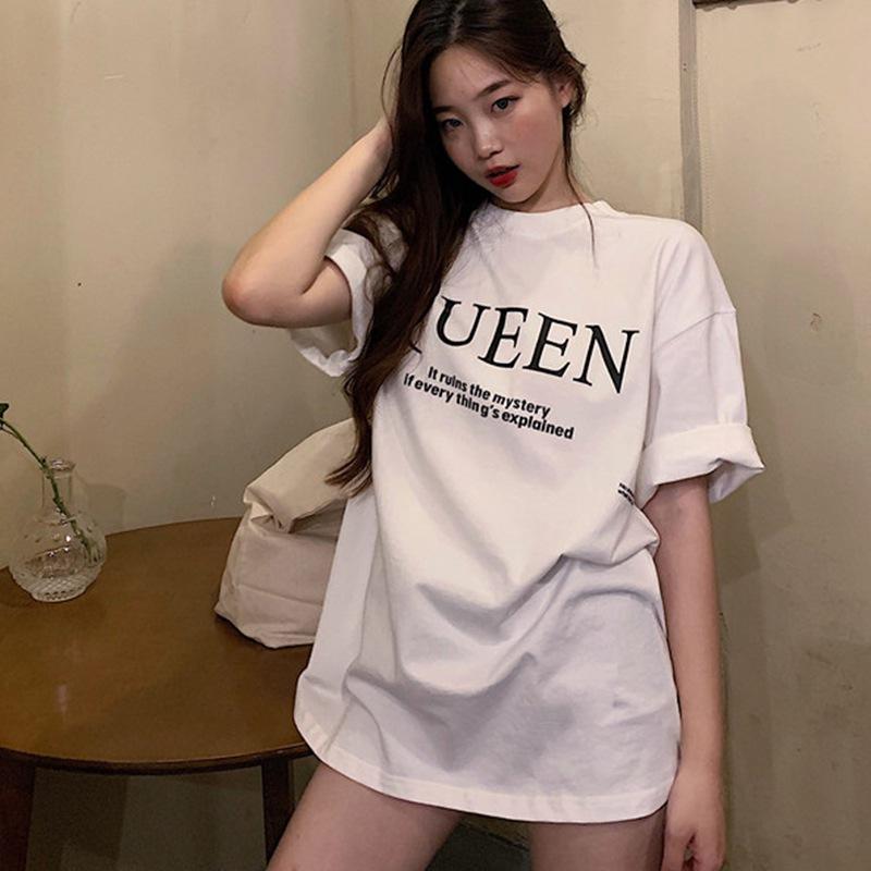 Damen T-Shirt Sommer Koreanischer Stil Einfarbig Buchstaben Locker Mittel und Lang Geschnittenes Unterteil Studenten T-Shirt Heiß