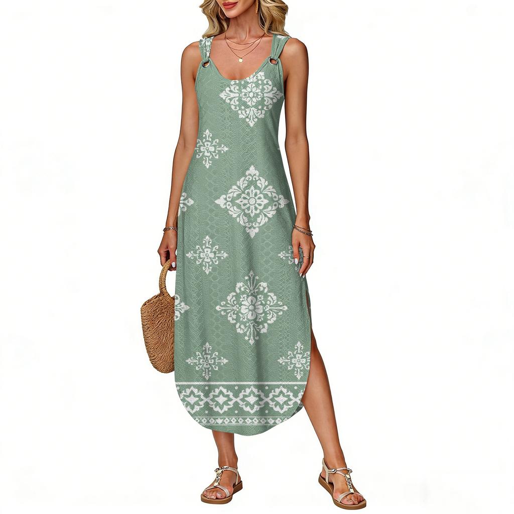 Women's Summer Long Dress, Sleeveless With Side Slits, Long Retro Printed Camisole Dress