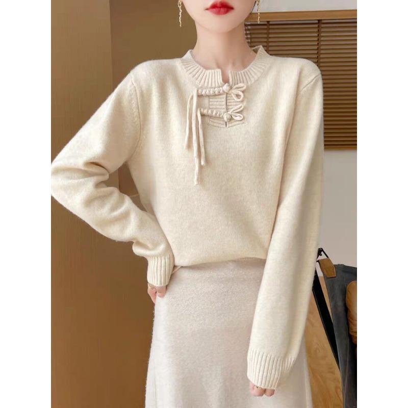 New Chinese Style Autumn and Winter New Women's Half-open Collar Loose Pullover Knitted Sweater Velvet