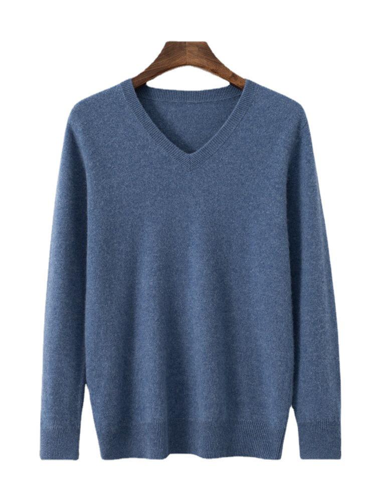 Men's V-Neck Cashmere Sweater: Loose Fit, Solid Color, Business Casual Pullover for Autumn and Winter