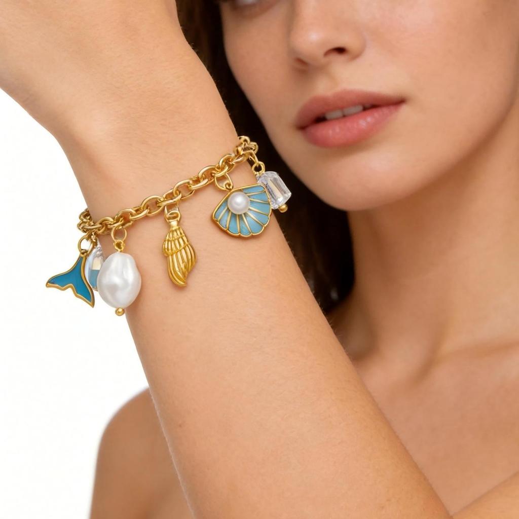 18K Gold Plated Ocean Style Starfish & Pearl Stainless Steel Bracelet - Waterproof & Fade-resistant