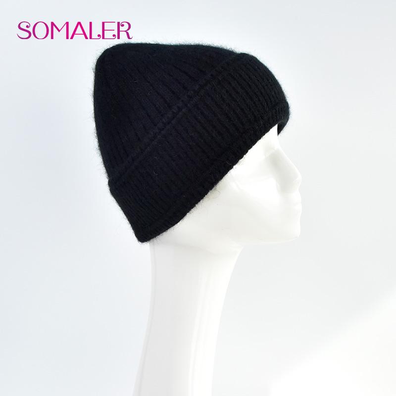 SOMALER Women's Autumn Winter Angora Knit Beanie Hat with Folded Cuff & Metal Badge Fashion Warm Cap 54-58cm