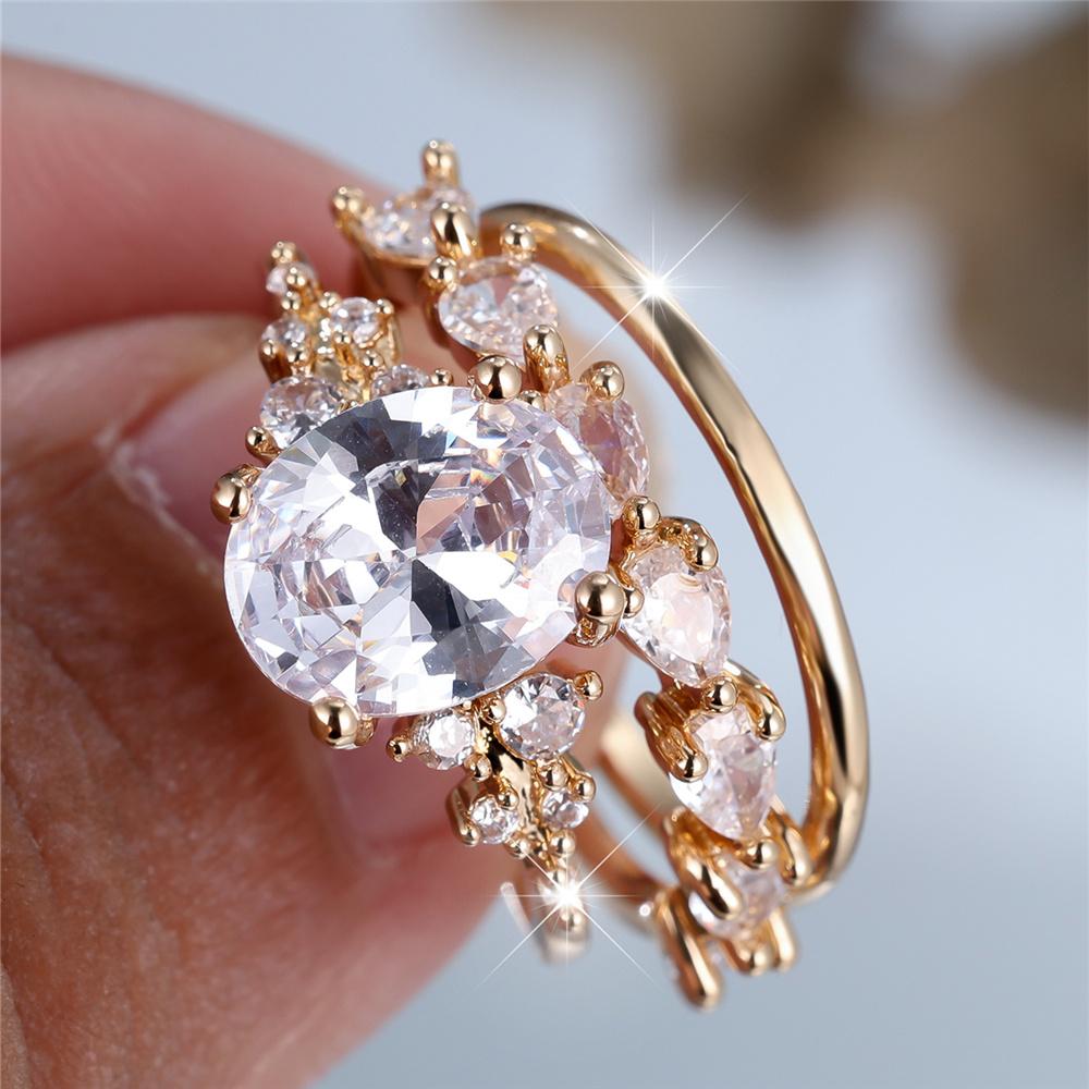 Crystal Female White Oval Zircon Stone Ring Set  Luxury Gold Color Bridal Wedding Engagement Jewelry For Women