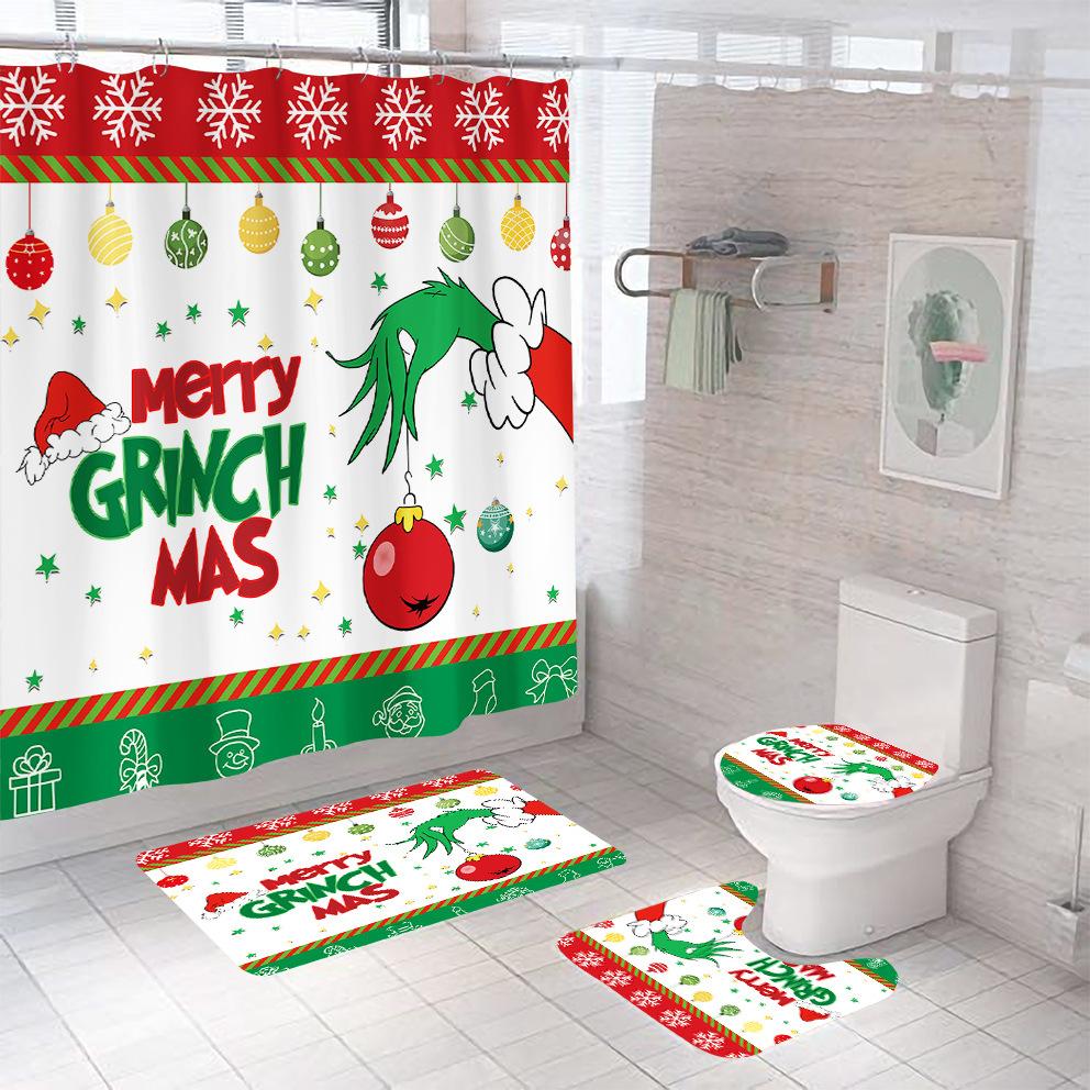 Bathroom Shower Curtain Four-Piece Green Hair Monster Christmas Green Waterproof Shower Curtain Toilet Partition Curtain Bath Mat