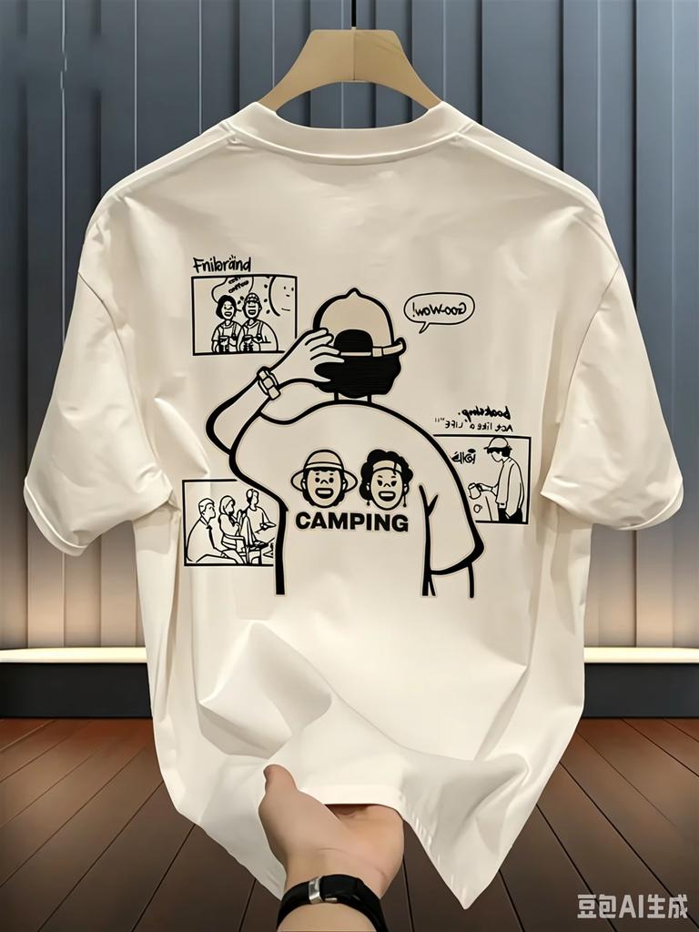 Unisexs Cotton TShirt Summer Casual Street Style Cartoon Camping Pattern Print Loose ShortSleeved HipHop Style RoundNeck