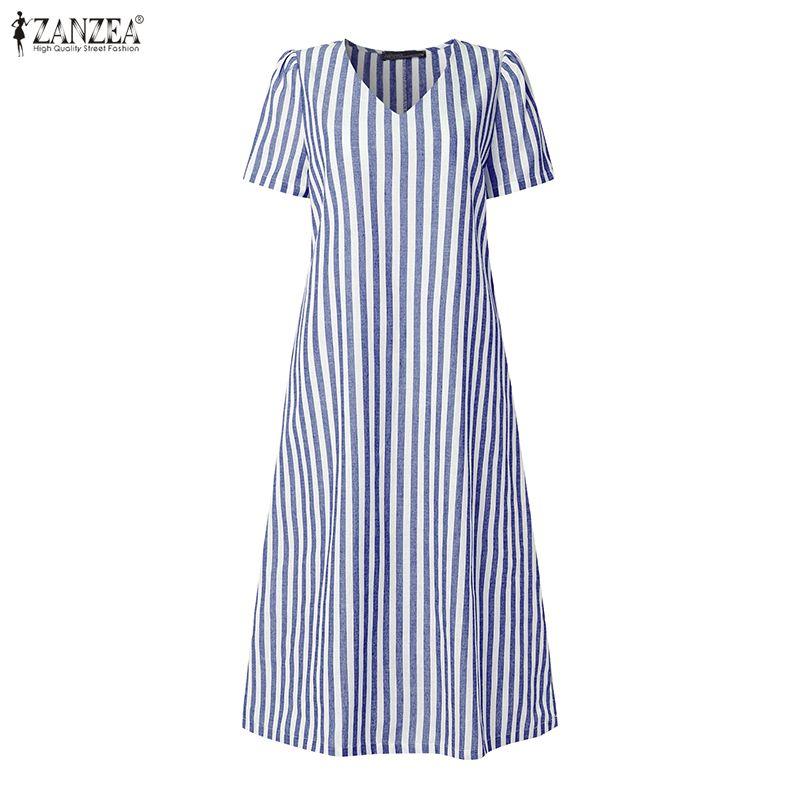 ZANZEA Γυναικείο Καθημερινό Casual Φόρεμα με V-λαιμόκοψη, Κοντό Μανίκι και Ριγέ