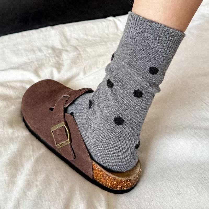 

Осенне-зимние шерстяные носки, женские носки до середины икры в горошек, утолщенные теплые длинные носки 1 pair серый