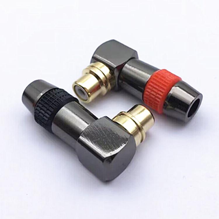 Gunmetal 90-Degree RCA Connector with Red/Black Rings, Gold-Plated L-Shape Female Elbow for RCA Welding Plug
