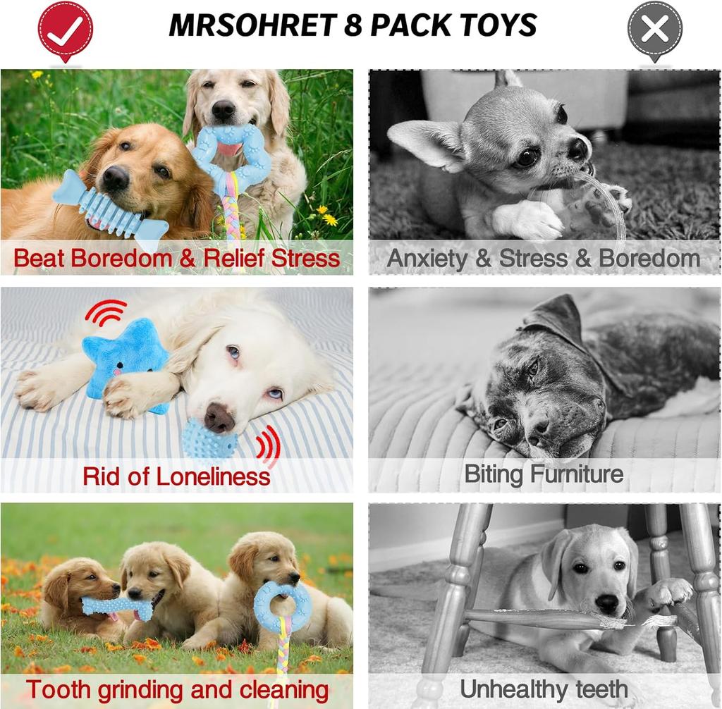 8 Pack Puppy Teething Chew Toys Set Squeaky Rubber Rope Interactive Toy for Small Medium Dogs