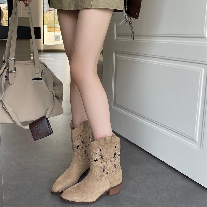 

2025 embroidered retro western cowboy boots hollow summer thin short boots women s summer fashion boots medium tube knight boots 40 світло-коричневого кольору