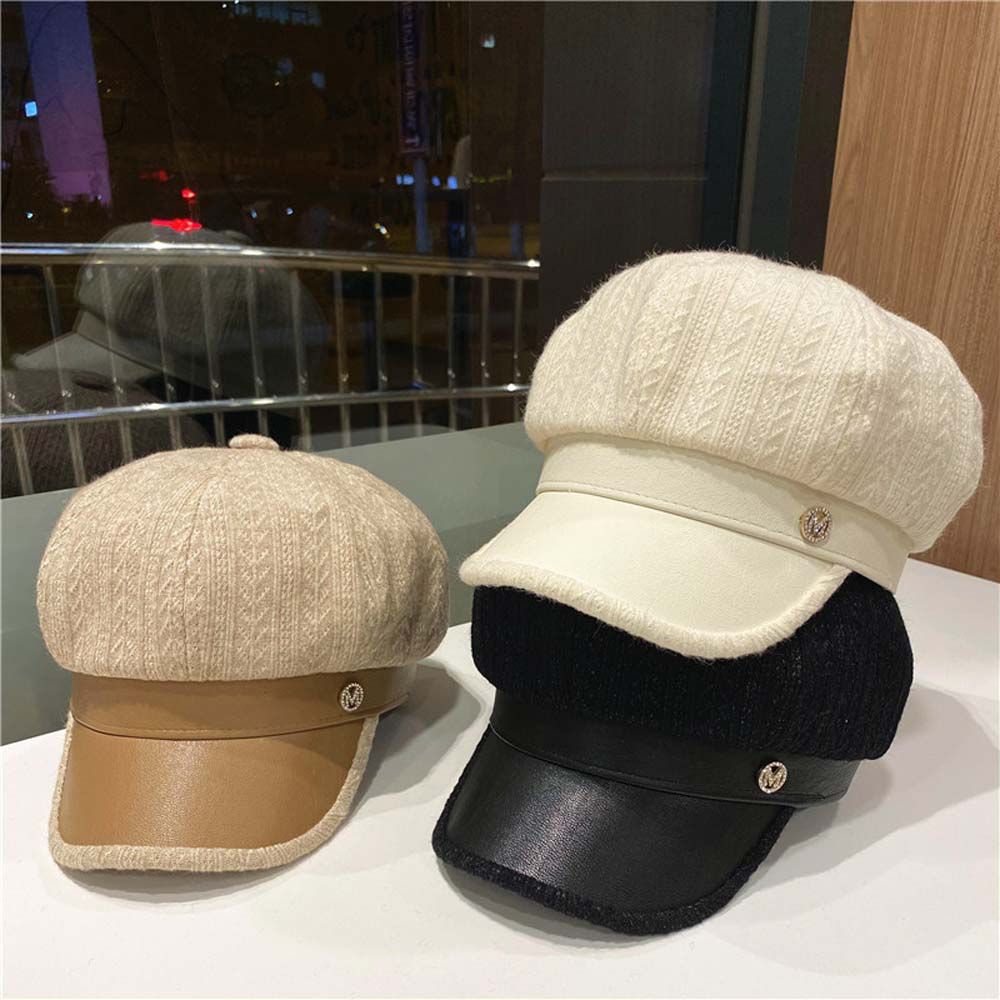 Girl With Stripe Autumn Letters Winter Korean Style Hat Painter Hat PU Leather Women Berets