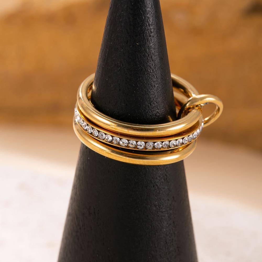 Titanium Steel Fashion Creative Plated Jewelry18k Gold Ring Three-Layer Plain Band with Inlaid Diamonds Stackable Rings Wholesale