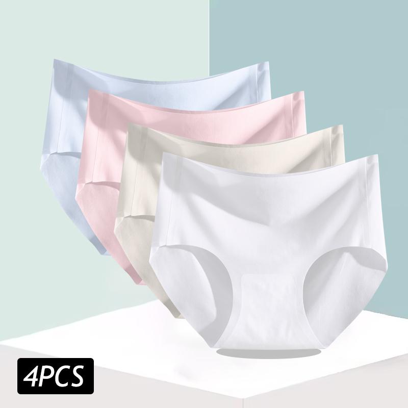 4PCS/Set Women's Ice Silk Seamless Panties Ultra Thin Briefs Breathable Underwear Female High Waist Intimates Lingerie Plus Size