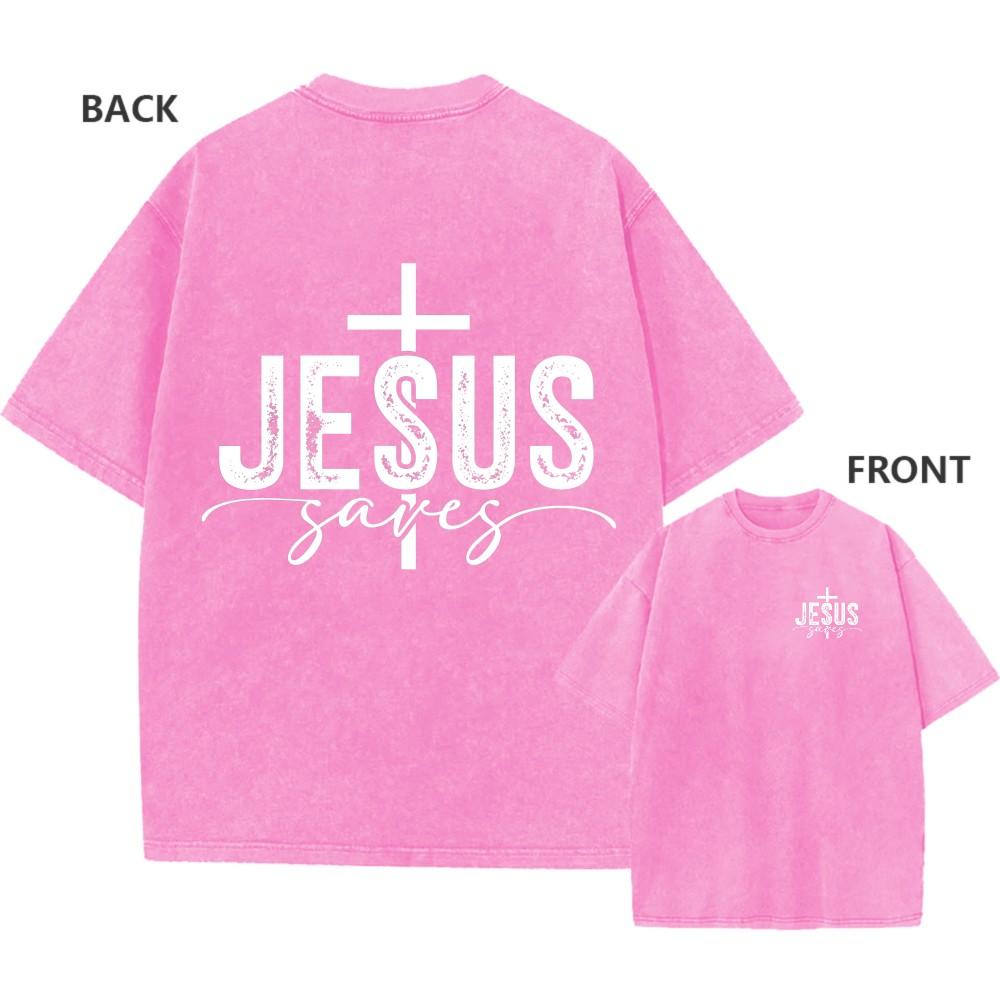 Mens Vintage Oversized Washed TShirt Cotton Jesus Saves Faith Cross Casual Tee