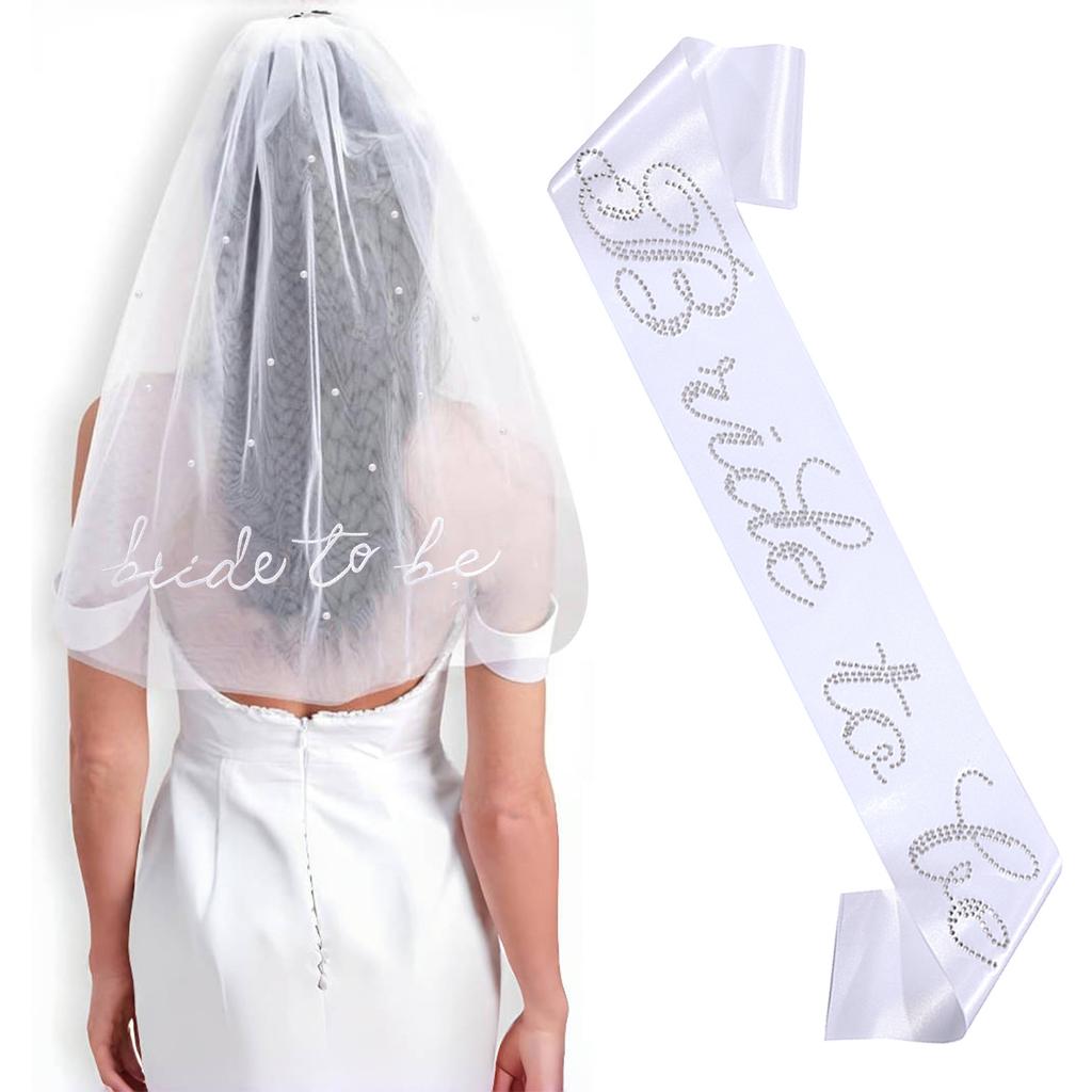 Bridal Pearl Embroidered Veil Shoulder Strap Set Bride Tobe Etiquette Strap Bachelorette Party Wedding Dress Up