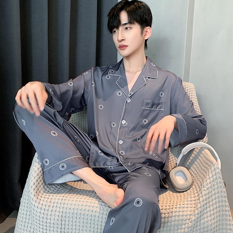 Pajamas Suit Men Summer Ice Silk Short Sleeved Long Pants Thin Male Satin Sleepwear Youth Homewear Set Gentlemen