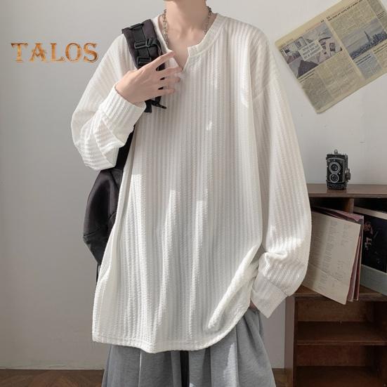 Spring Autumn Men Top V Neck Long Sleeves Oversized Solid Color Loose Mid Length Striped Texture Pullover Hip Hop Streetwear Sweatshirt