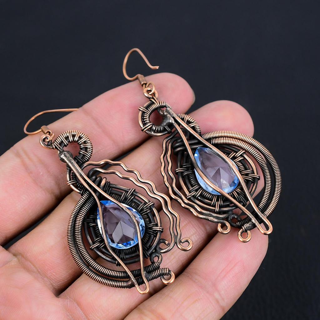 Iolite Earrings, 999 Copper Wire Wrapped Earrings Handmade Gemstone Jewelry, Gifts For Wife Brand New Earrings