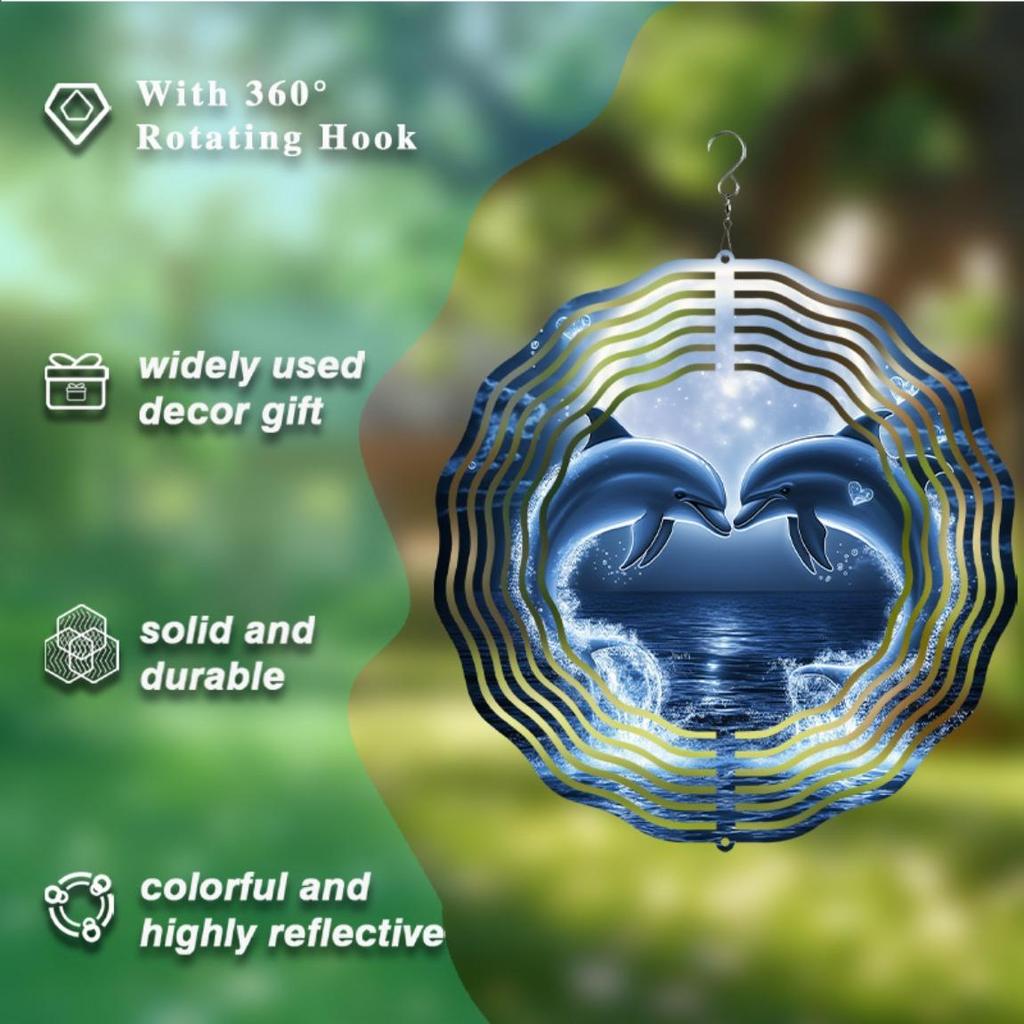 Romantic 2D Dolphin Wind Chime Metal Wall Art with Night Sky Glow for Indoor Outdoor Garden Patio Thanksgiving Decor