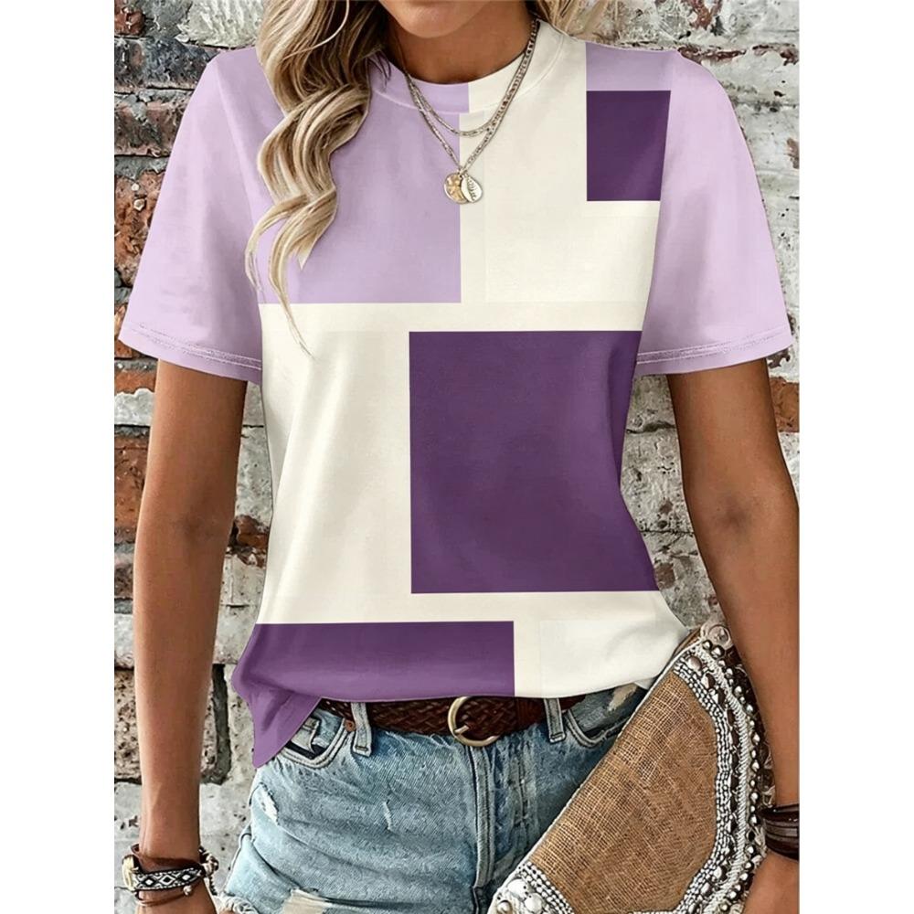 Women's Color Block Crew Neck T-Shirt, Casual Short Sleeve Tops, Stylish Daily Wear for Spring & Summer