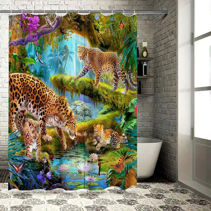 Tropical Rainforest Theme Waterproof Mold-proof Shower Curtain Home Decor Leopard Pattern Bath Curtain Creative Bathroom Item