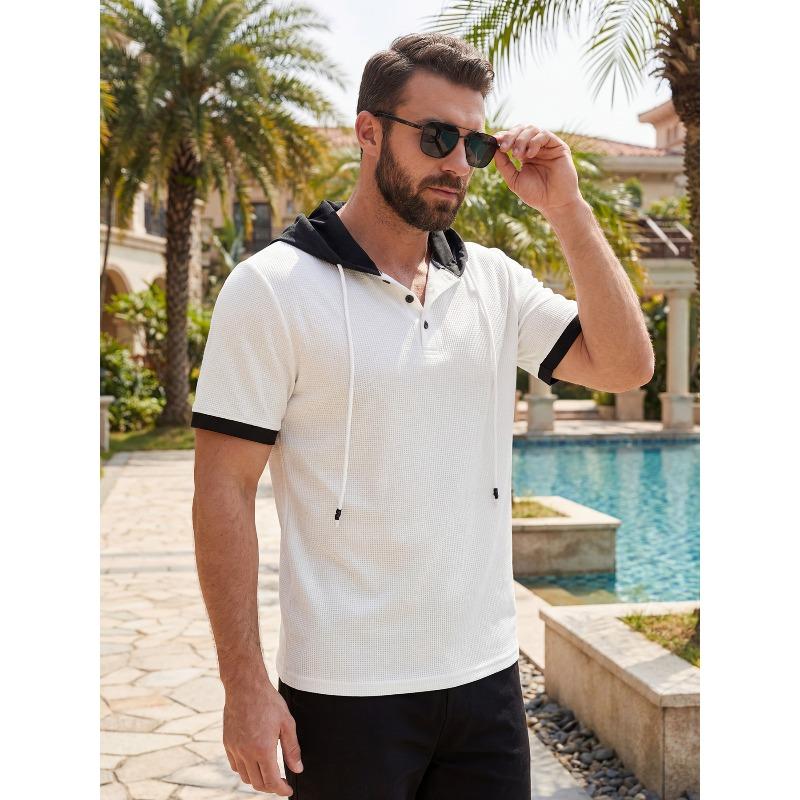 Men's Waffle Knit Color Block Hooded Drawstring Button Short Sleeve T-Shirt.