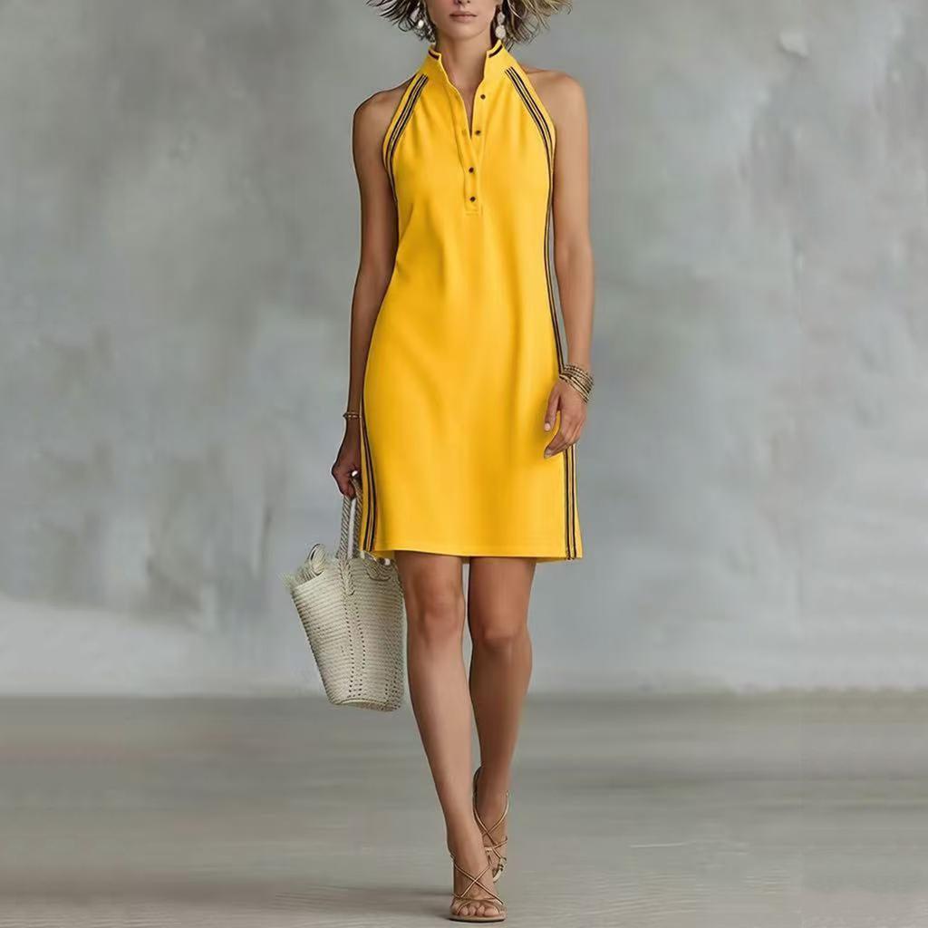 Women's Fashionable Loose Sleeveless Button-Up Stand Collar Casual Dress