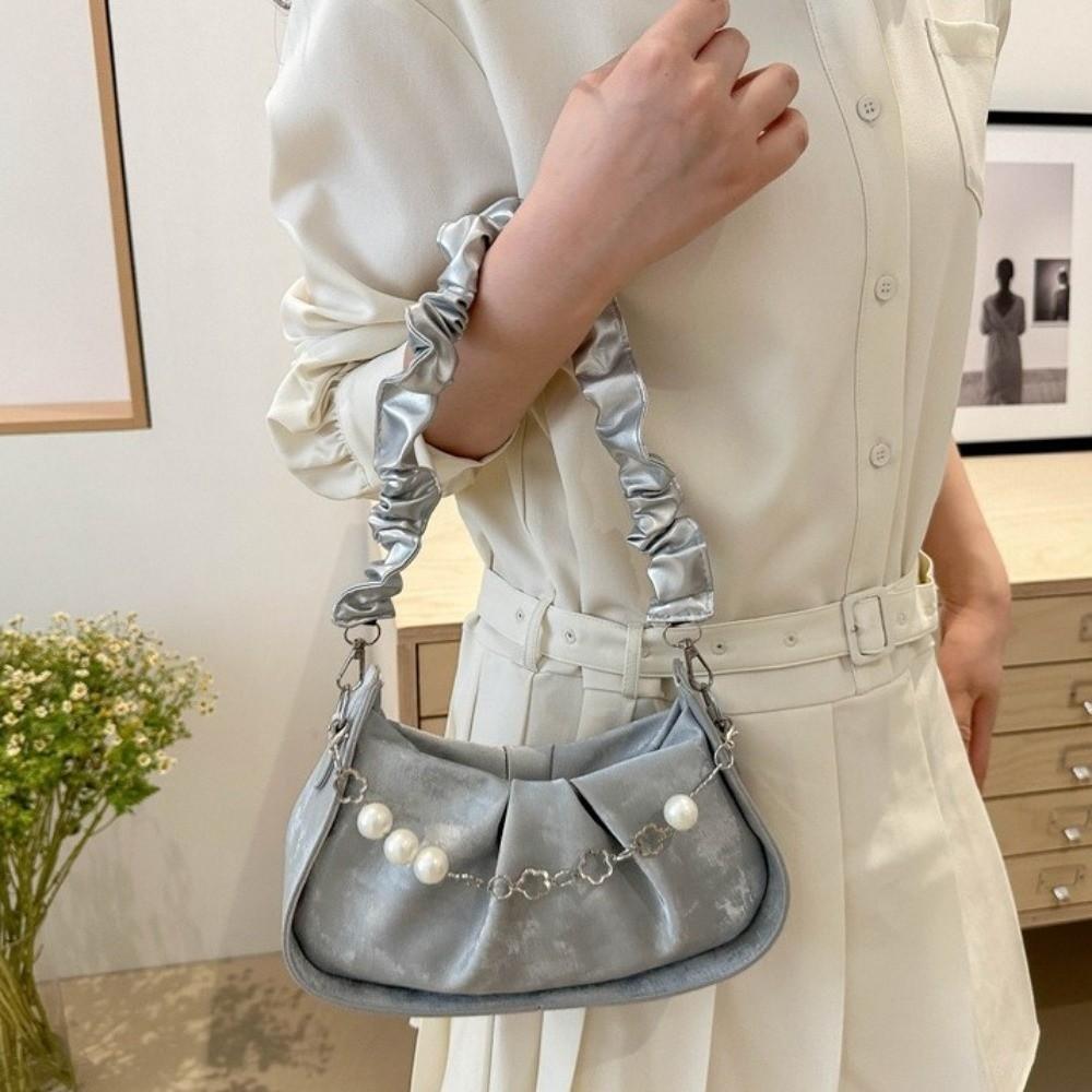 Korean Style Pearl Chain Crossbody Bag Solid Color Pleated Handbag Cloud Shoulder Bag Outdoor