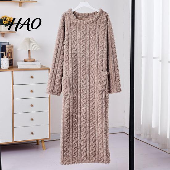 Lyxig Jacquard Loungewear Damflanell Nattlinne Fluffigt Plysch Varm Rundhalsad Lång Sovkläder Lös Vintertröja Nattlinne med Fickor