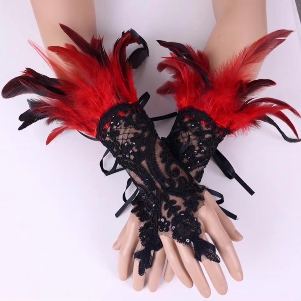 Retro Sequins Feather Lace Gloves Gothic Women Halloween Arm Sleeves Halloween Feather Gloves  Ball