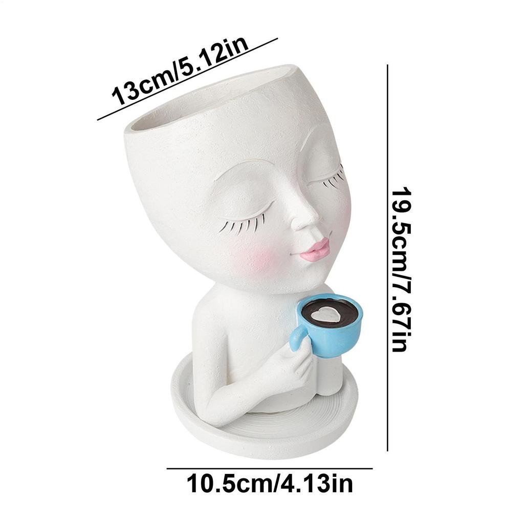 Face Planter Pot Head Coffee Girl Flower Pot Indoor Head Planter With Closed Eyes Resin Material Drainage Hole