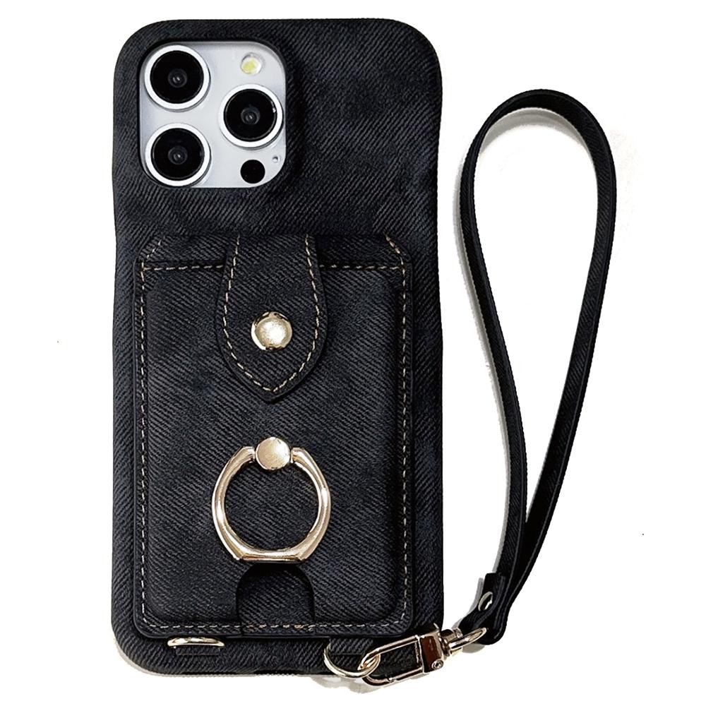 For iPhone 15 Pro Case Ring Kickstand Card Holder Jeans Cloth Texture PU Leather Back Cover with Strap