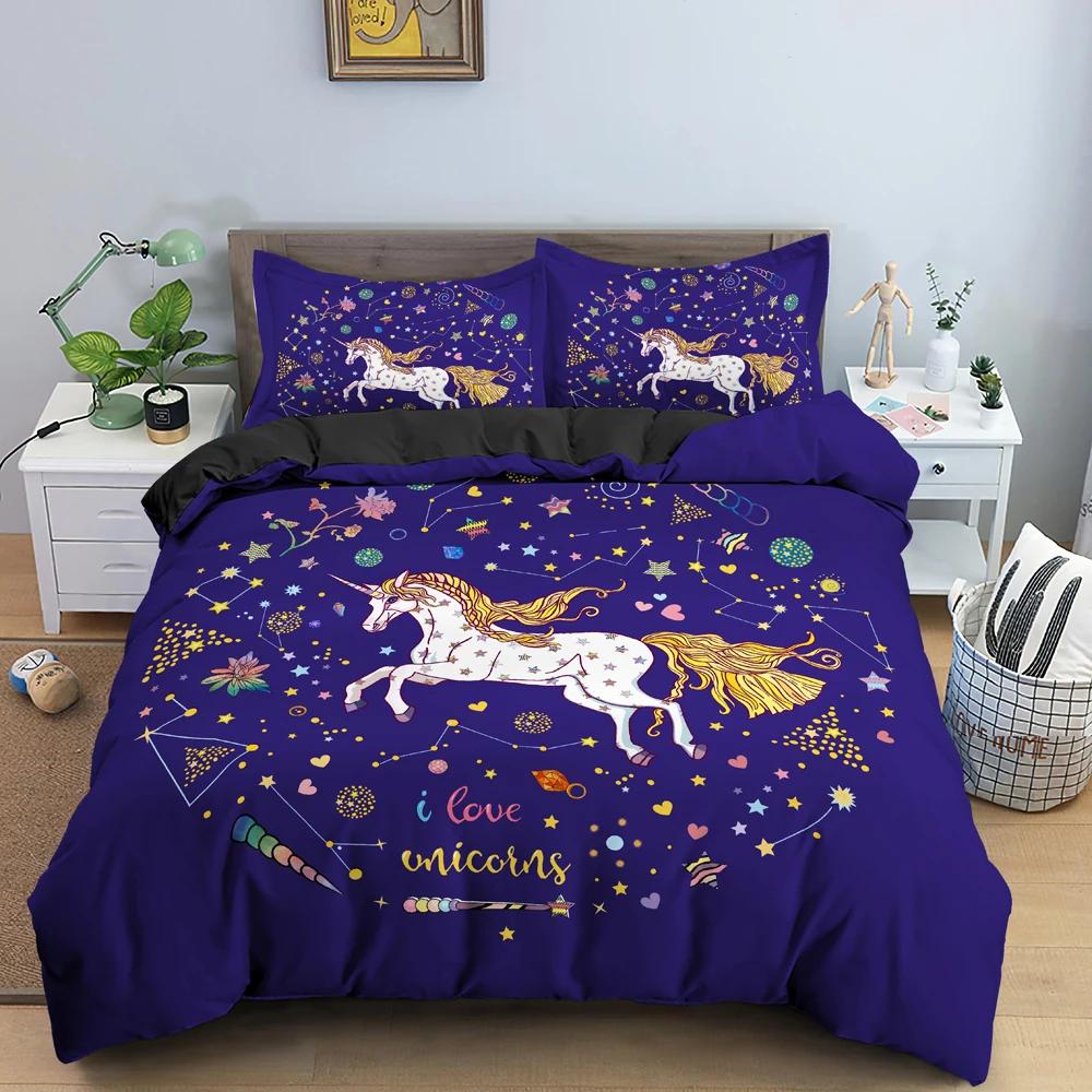 Unicorn Duvet Cover King Queen Cartoon Animal Bedding Set Kids Teens Adults Lovely White Magical Creatures Polyester Quilt Cover