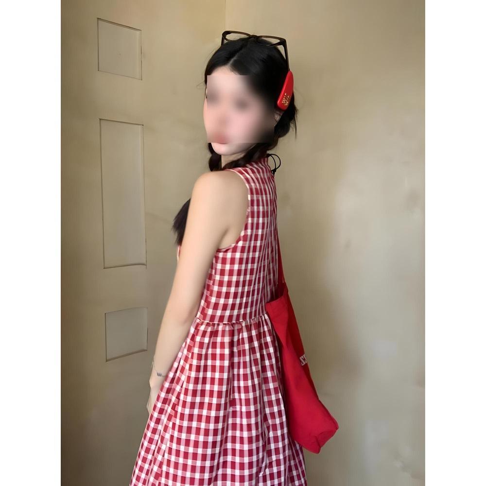 Plaid suspender dress casual women's small sleeveless vest skirt summer new seaside vacation skirt