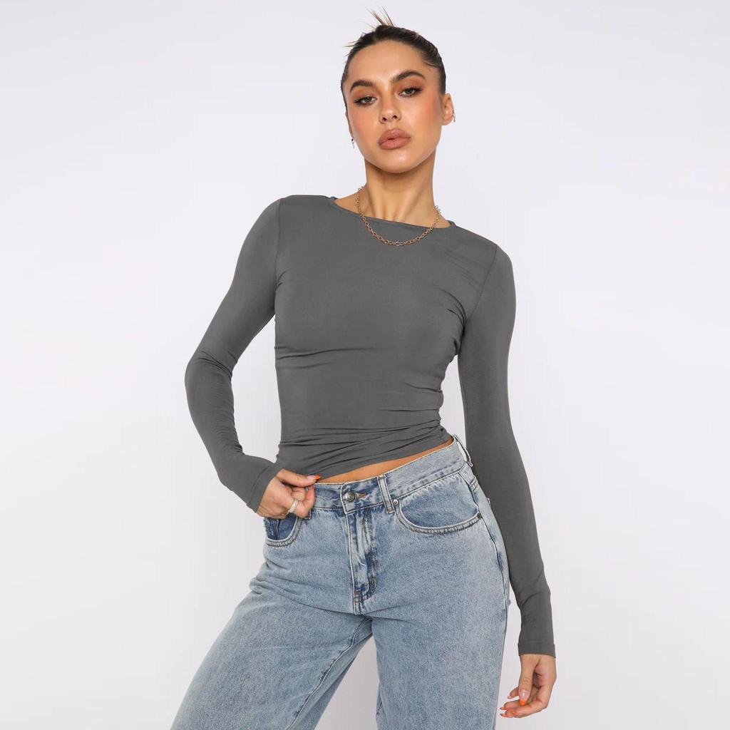 Damskie stroje z okrągłym dekoltem Streetwear Slim, z długim rękawem, oddychające t-shirty bazowe podkładka obcisłe, przycięte topy jednokolorowe