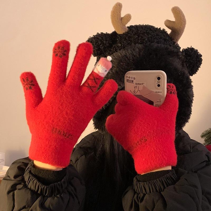 Christmas new cute red knitted gloves female autumn and winter finger velvet warm student riding windproof and cold