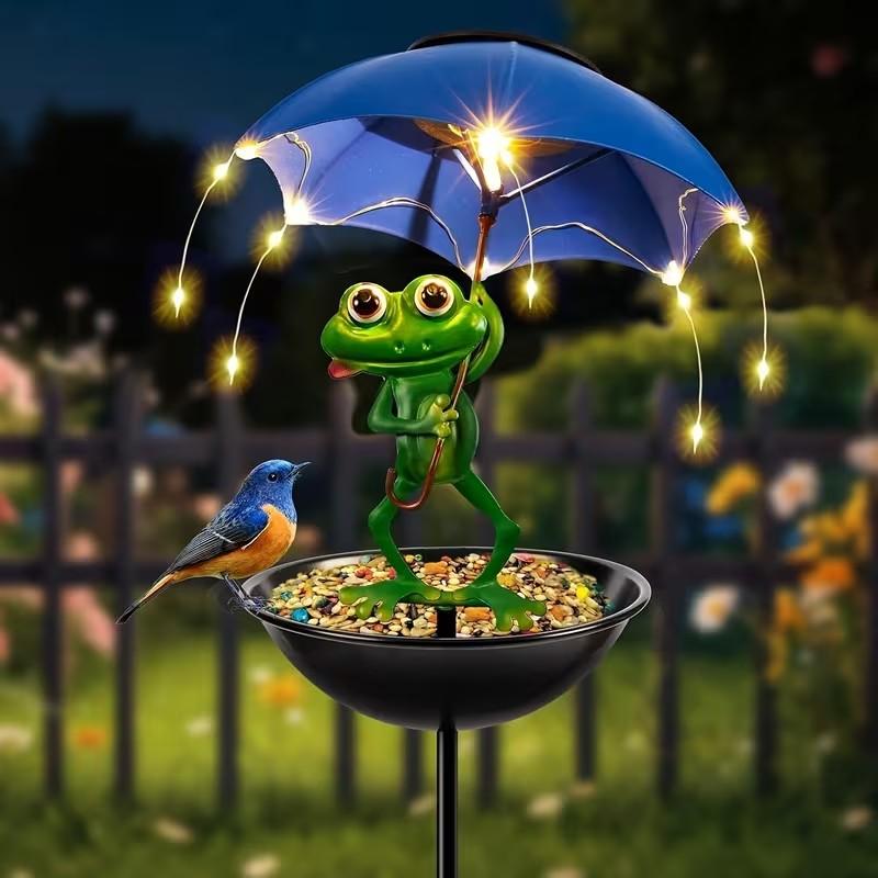 Frog Statue Solar LED String Lights IPX4 Waterproof Ground Lights Solar Garden Lights with Bird Feeder Function 1PC
