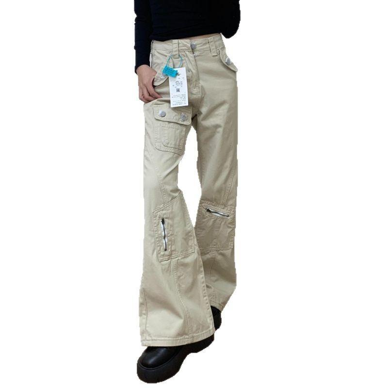 Spice Girl Sand White Versatile Tooling Micro-pull Jeans Women's Spring New Multi-pocket High-waisted Floor-mopping Horn Trousers