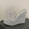 PVC Transparent Women Platform Slipper Fashion Crystal Rhinestone Bowknot High Heels Wedge Sandals Summer Party Dress Shoe