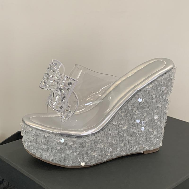 PVC Transparent Women Platform Slipper Fashion Crystal Rhinestone Bowknot High Heels Wedge Sandals Summer Party Dress Shoe