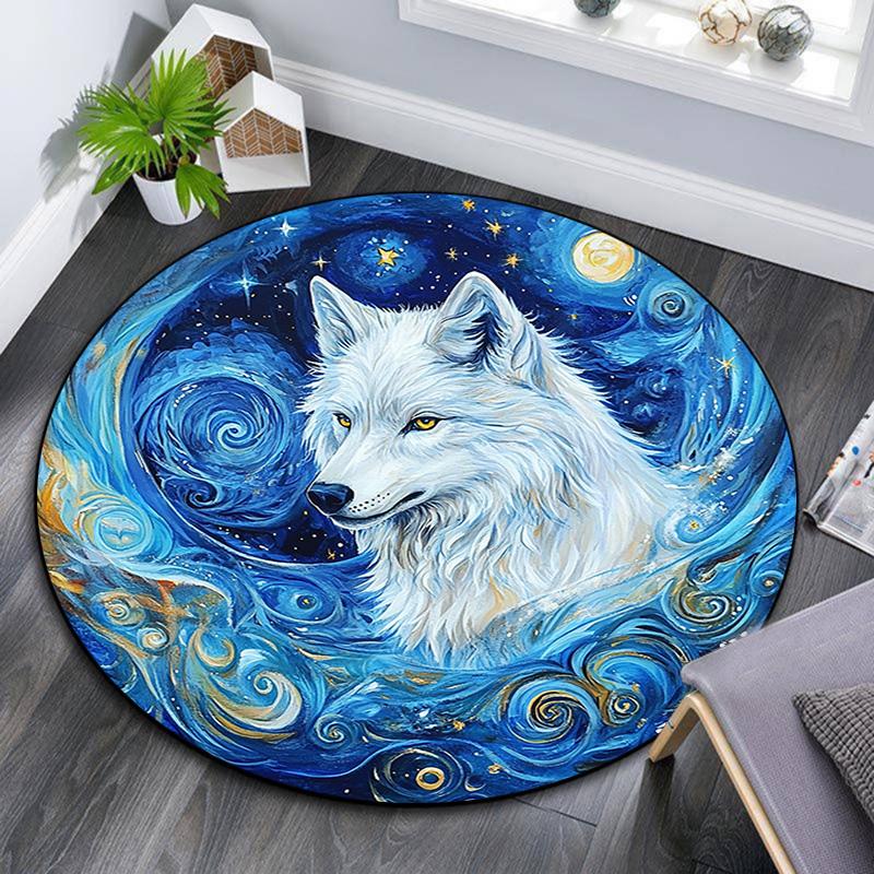 White Wolf Round Area Rug,Carpet Rug for Living Room Bedroom Sofa Playroom Decor,Non-slip Floor Mat