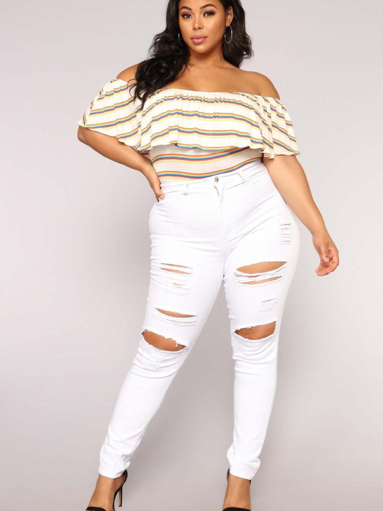 New Black and White Elastic Hole Denim Jeans Women's Slim Fit Pants