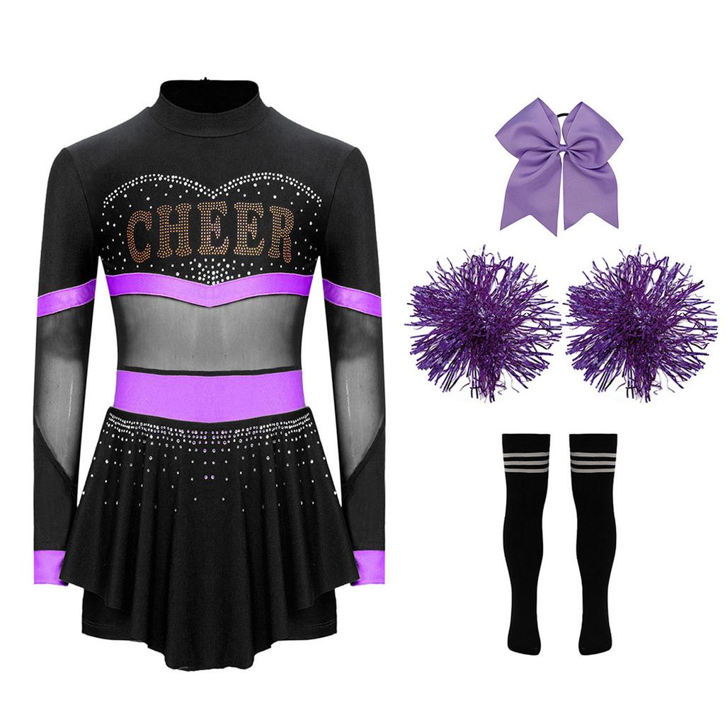Girls Cheer Leader Costume Long Sleeve Diamonds Dance Jumpsuit Cheerleading Hand Flower Bowknot Hair Ties