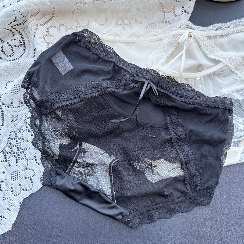 Women's Spring Summer Satin Light Luxury Ice Silk Lace Sexy Mid Waist Panties