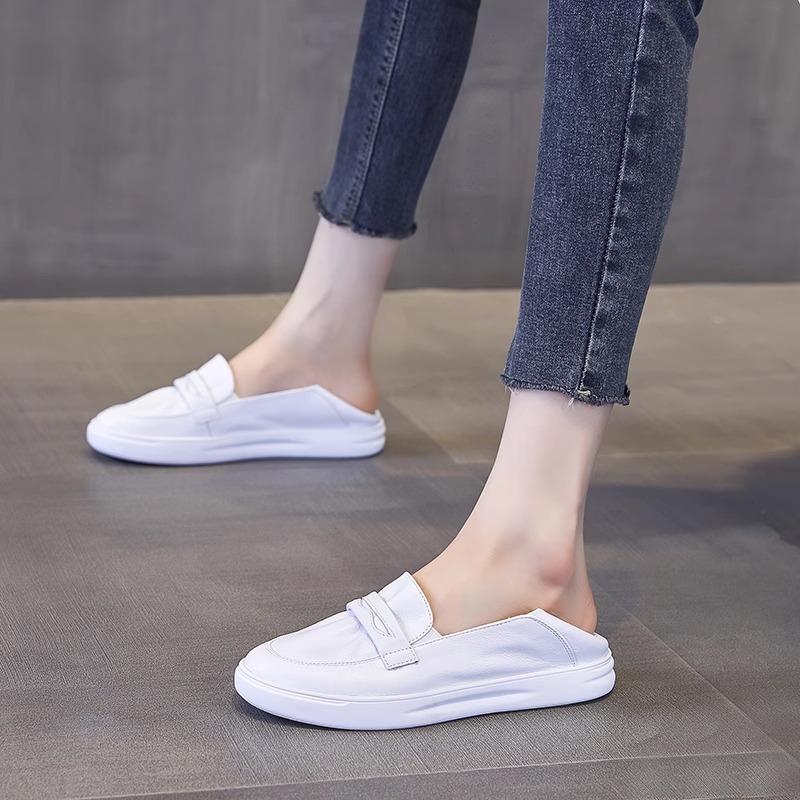 Petites chaussures blanches en cuir pour femmes, nouvelles chaussures de printemps pour femmes grande taille, à une pédale, grande taille, chaussures uniques d'infirmière à fond plat polyvalentes à bouche peu profonde