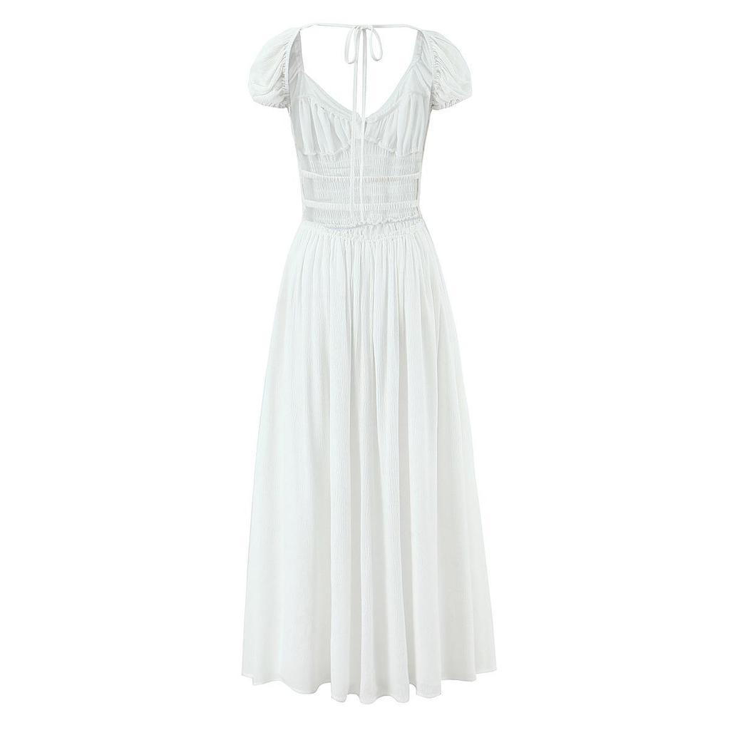 2026 Chic Lace Puff Sleeve Retro V-Neck Backless Evening Dress
